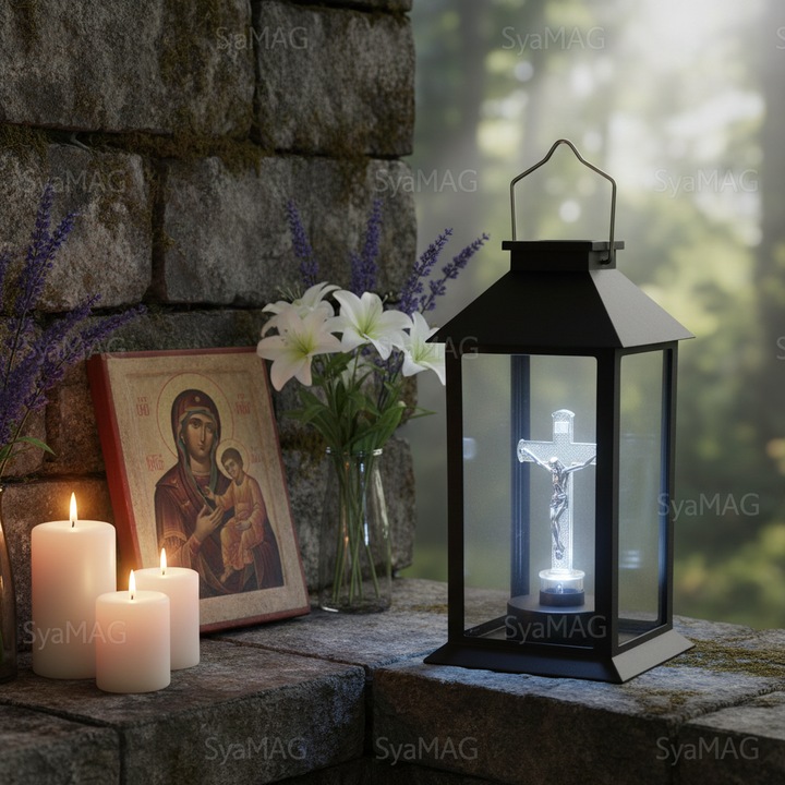 Felinar LED, lumina rece, alimentare solara, SyaMAG, model cruce transparenta, 14x14x28 cm, negru, maner metalic, buton on/off, pentru cimitir, locuri de reculegere, gradini sau spatii memoriale