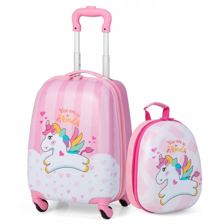 Set troler copii 16'' + rucsac 12'', unicorni roz, ABS, 32x22x40cm, 24,5x13x32cm