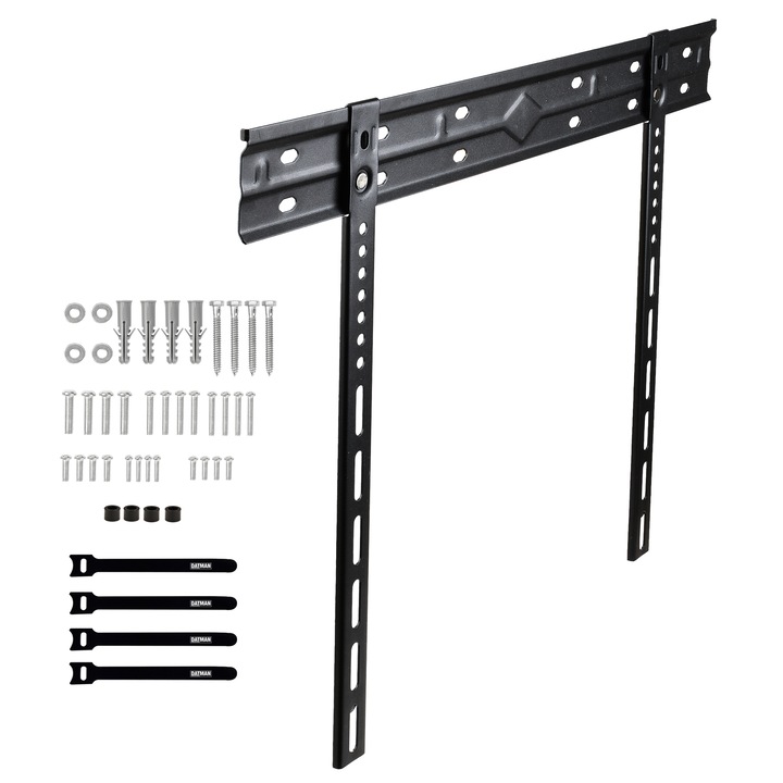 Suport TV Fix de Perete Ultra-Slim (9 mm), Diagonala 40~75" inch (101~191 cm), Max 80 kg, Profil 9 mm, Solid din Otel, Prindere VESA 600x400, 400x400, 400x200, 300x300, 200x200, 200x100, 100x100, 75x75 - DATMAN® (Kit-ul Include Suruburi Montare)