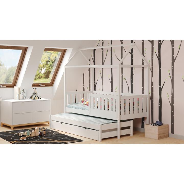 Pat Pentru Copii, Bogart, Nemos, 90x200 cm, Bungalou, 185.5 x 207 x 97 cm, Lemn, Alb