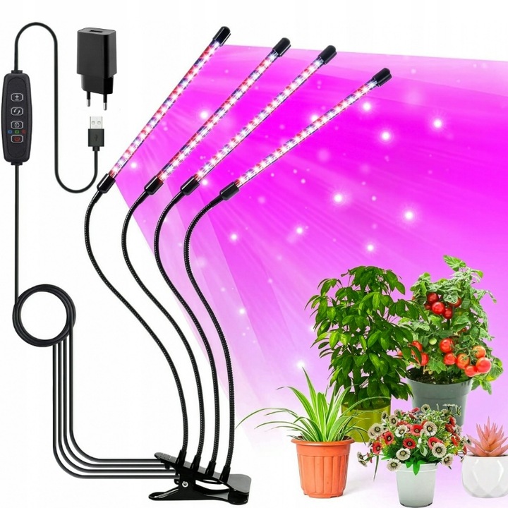 Lampa de crestere pentru plante EVI GARDEN, 4x LED, 80W, timer inteligent, 9 moduri, multicolor