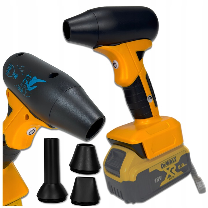 Dmucha de aer fara fir HOLDX, 4 niveluri de putere, 0,9 kg, negru cu accente galbene, set cu 3 duze