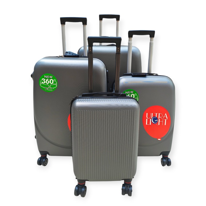 Set de 4 genți de voiaj, gri grafit, cu dimensiuni pentru bagaj de mână, ABS, roți pivotante la 360°