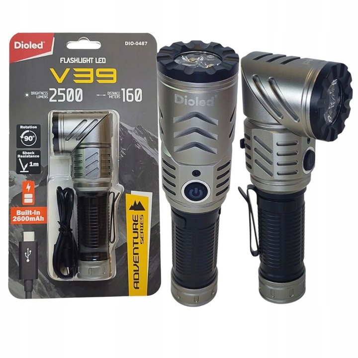 LED фенер V39 Adventure, 20W, 2500lm, USB-C, 150x36mm, комплект със заряден кабел