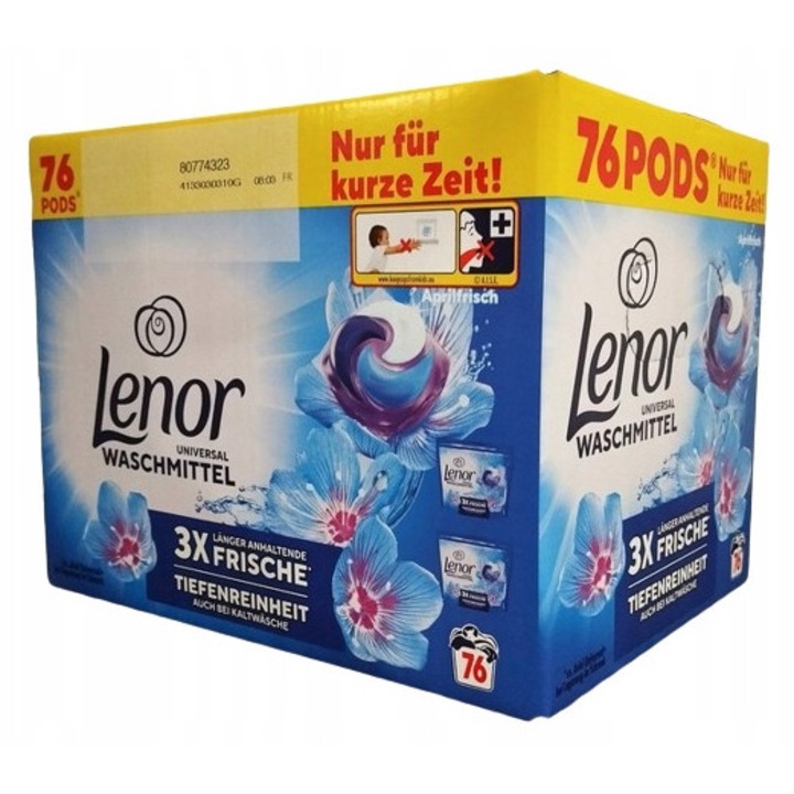 Lenor set 3 x capsule de spalare universala Aprilfreh 76 bucati, pentru rufe albe si deschise, eficienta la 20-95°C