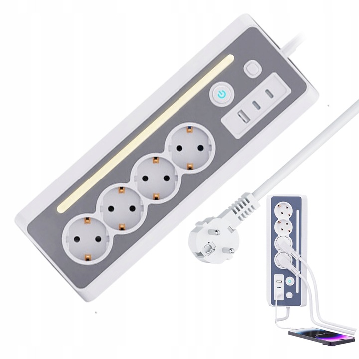 Разклонител с 4 контакта, 2 Type-C порта, 1 USB порт, многоцветен