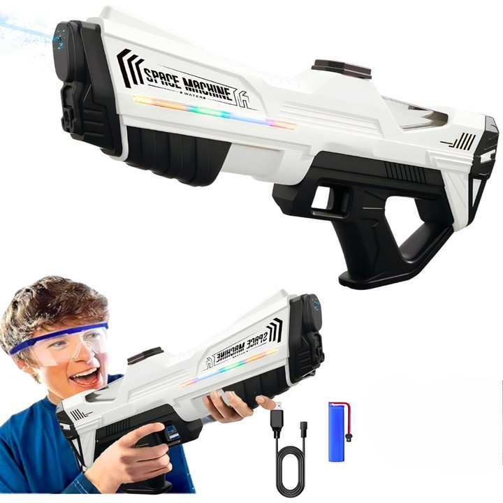 Pistol cu apa electric, automat, reincarcare rapida, alimentare pe naterie, raza 6 m, conectare sticla externa, pentru piscina si plaja, 3+ ani