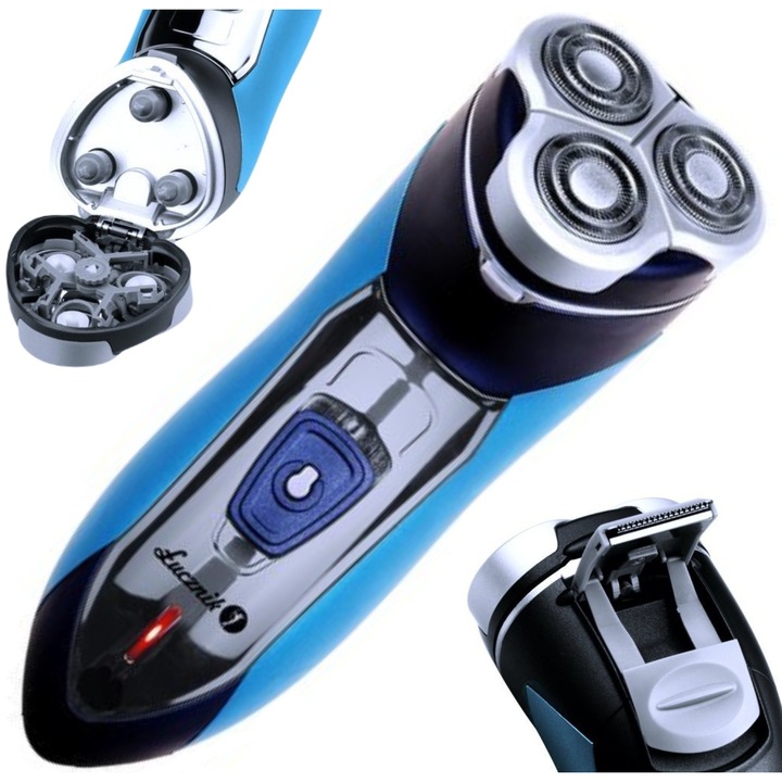 Ras electric pentru barbati Lucznik ES-2019, 3 capete mobile, functie de taiere, incarcare 8 ore, set complet