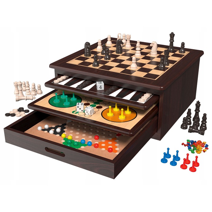 Set jocuri de societate 10 in 1, 1-6 jucatori, dimensiuni 32,5x15x32,5cm, din lemn