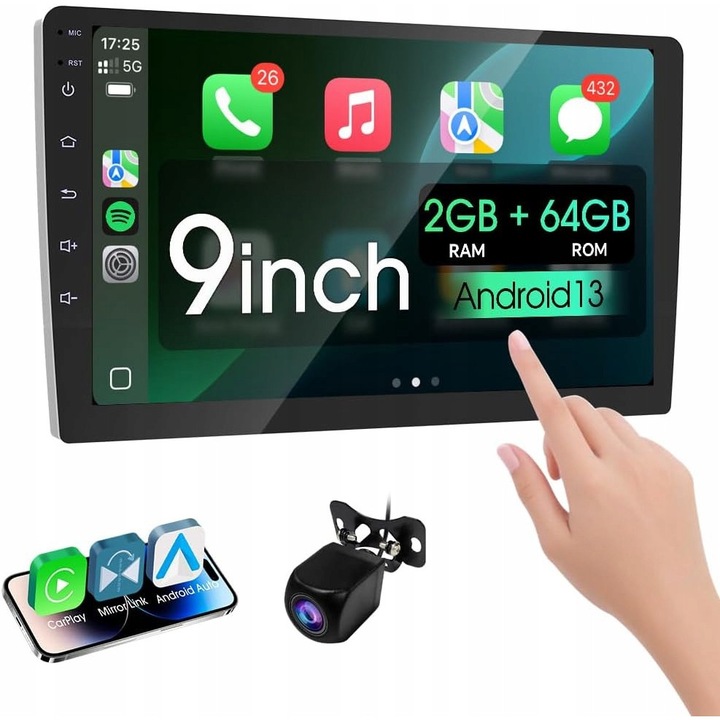 Sistem stereo auto wireless 9", cu Apple CarPlay, Bluetooth 5.0, camera de marsarier 1080P, set