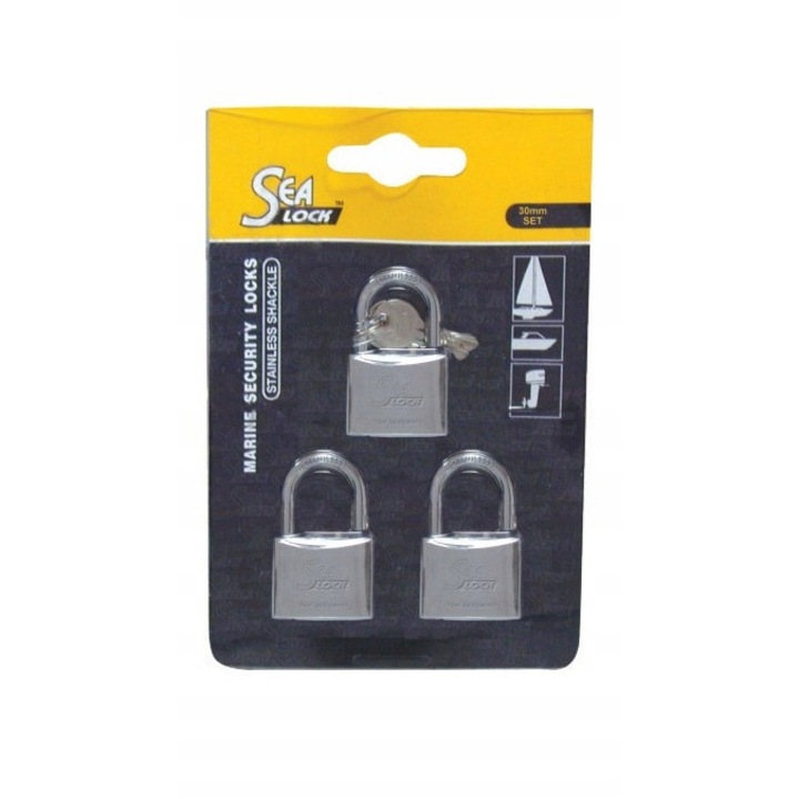 Set 3 lacate din otel inoxidabil SEALOCK 30mm, rezistente la apa sarata, cu sistem de deschidere cu cheie comuna