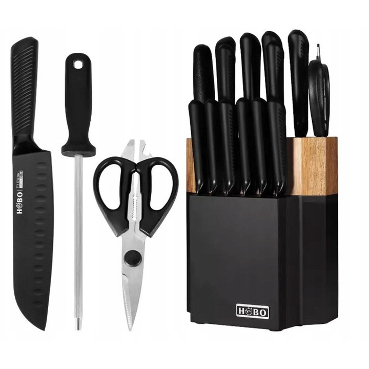 Set de cutite HOBO 15 piese, inox, ergonomic, cu suport