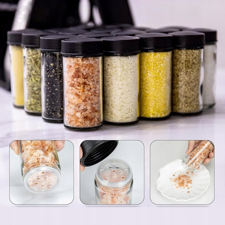 Stojak obrotowy pentru condimente, 18 recipiente, negru, 34x26x23cm