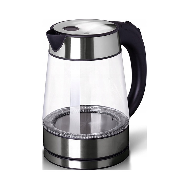 Fierbator electric Hoffen 1,7L 2200W cu iluminare LED albastra, sticla si otel inoxidabil, baza rotativa 360°