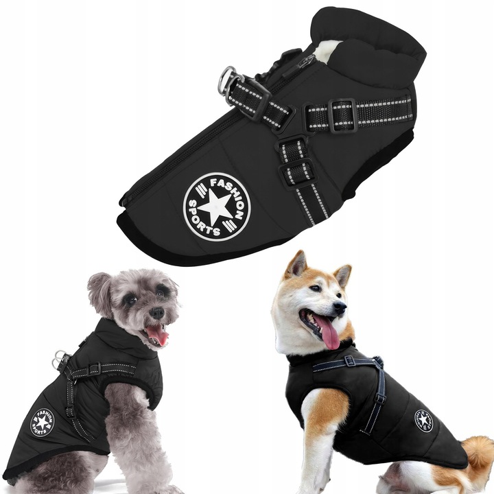 Kurta pentru caini, neagra, 8 dimensiuni disponibile, impermeabila, cu selki