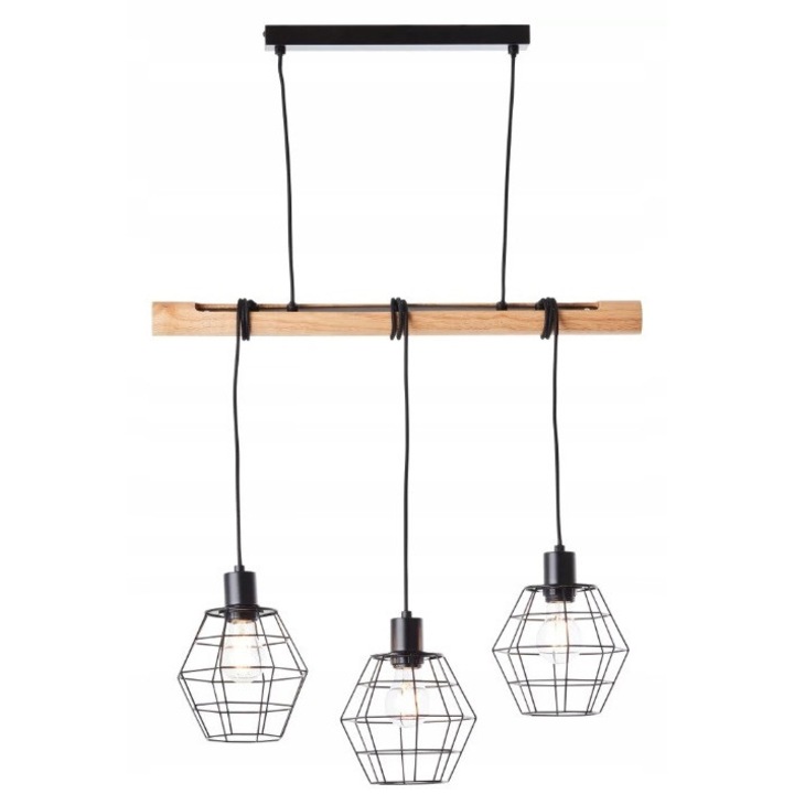 Lampa suspendată Ottawa, 3 puncte iluminare, lemn deschis/negru, 17,5x63x120cm