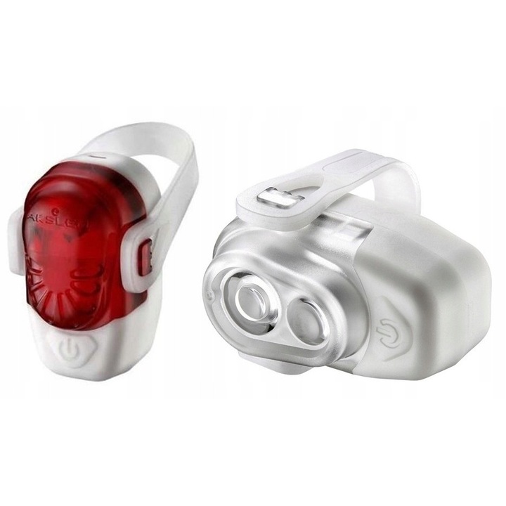 Set lumini bicicleta Akslen HL-140 TL-100, alb, 3 moduri de iluminare, dimensiuni 36x65x43mm si 45x43x65mm