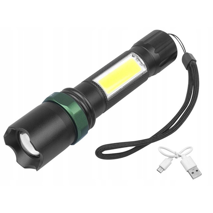 Компактен фенер 1-LED + COB ZOOM, бял, 115x28мм, с акумулатор и MicroUSB кабел