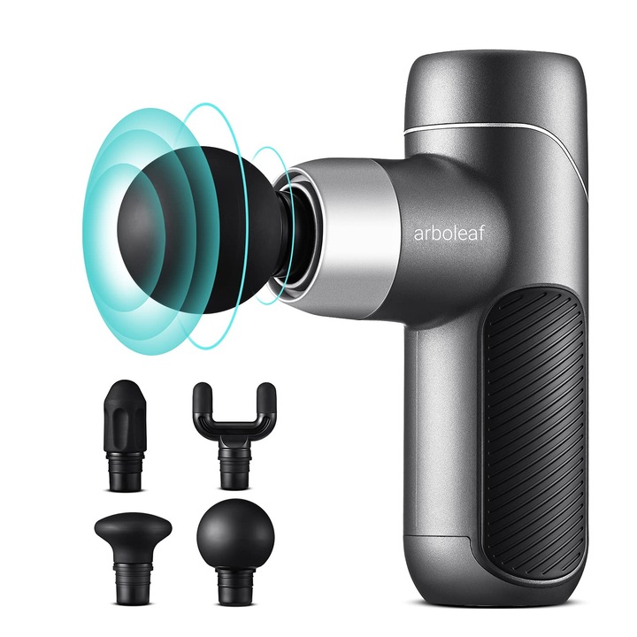 Мини масажен пистолет Arboleaf, 4 скорости, 4 силиконови глави, 0,37 кг, USB C