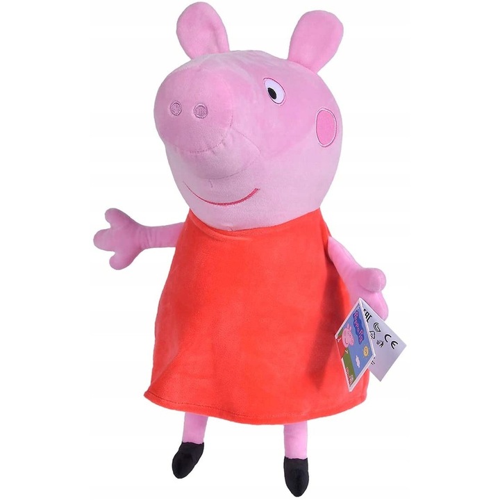 Maskotka Swinka Peppa 33cm, jucarie de plus, roz, cu rochie rosie