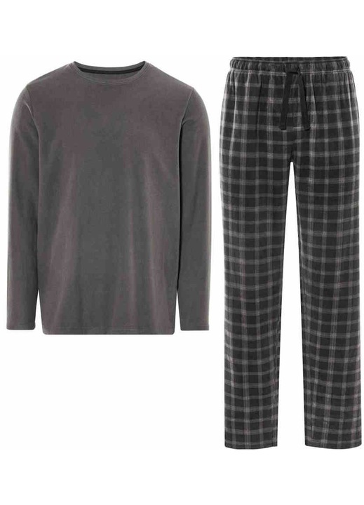 Férfi pizsama, szürke és fekete, 2 részes, polár, klasszikus szabású, zsebes, M INTL
