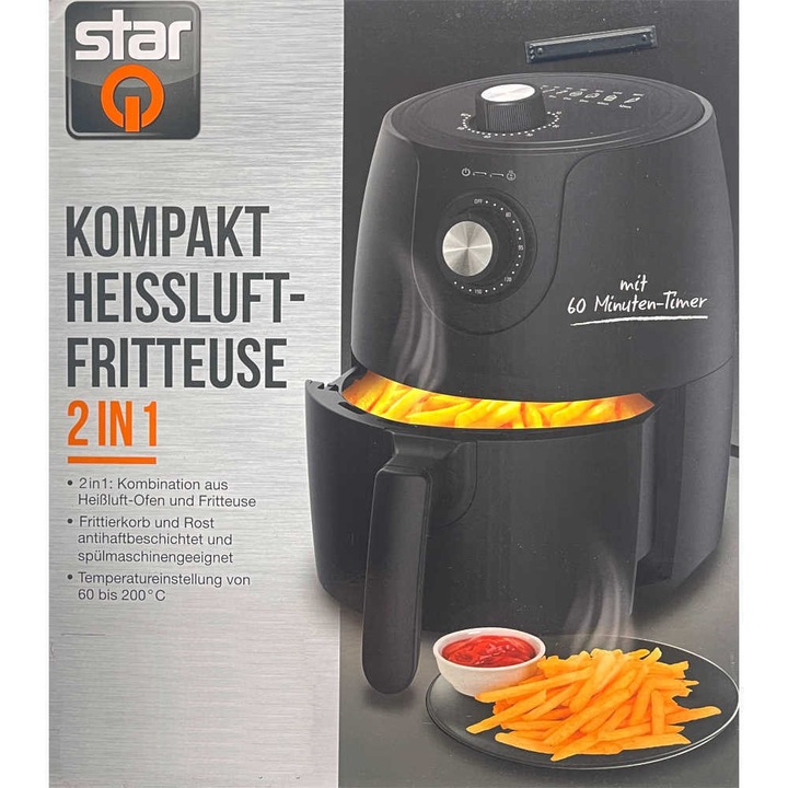 Friteuza Air Fryer StarQ 1,6 l, 1200 W, neagra, fara ulei, timer 60 min