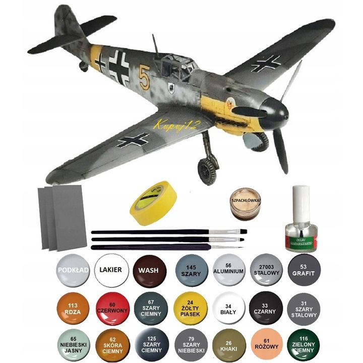 Model plastic Messerschmitt Bf-109 F2, set complet cu vopsele, lac, lipici, pensule, 1:48