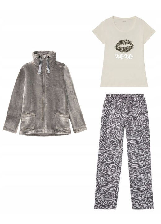 Pijama dama, gri/alb, 3 elemente, bluza din plus, tricou cu imprimeu, pantaloni cu buzunare, L INTL