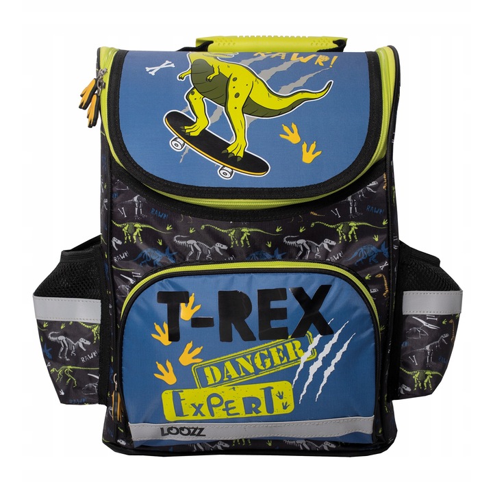 Ergonomikus iskolatáska LOOZZ Funny T-REX, 36x17x27cm, többszínű, Venti Stream szellőzőrendszerrel, állítható pánttal.