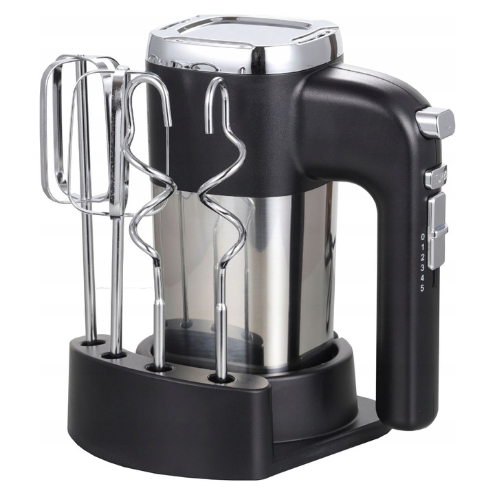 Mikser de mana 900W, 5 viteze, Turbo, cu suport si accesorii, inox, 19x9x14,5cm, set complet