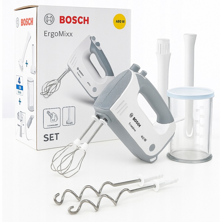 Mikser Bosch MFQ 36400, 450W, 5 viteze, alb-gri, set cu 2 carlige pentru aluat