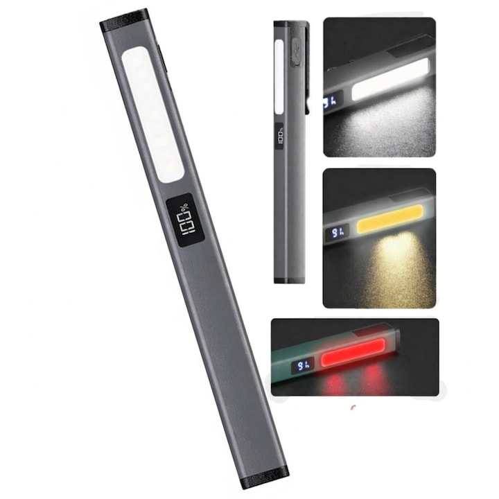 Lanterna LED Multifunctionala Magnetica Reincarcabila USB Type-C, Lumina Laterala COB + Principala, Afisaj Baterie 100%, Rezistenta la Apa, pentru Auto, Camping, Reparatii
