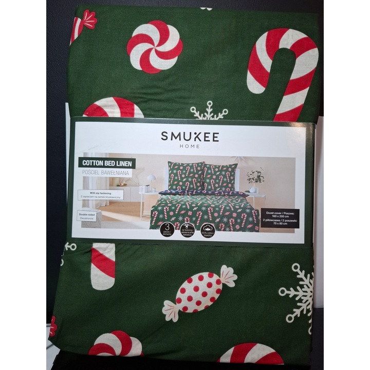 Ágyneműhuzat garnitúra, 160x200cm, zöld, cukorka és hópelyhek mintával, 100% pamut