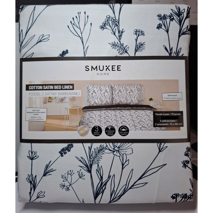 Ágyneműhuzat garnitúra, 220x200cm, 100% pamut, virágmintás, fekete-fehér, 2 személyes, cipzárral