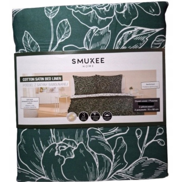 Ágyneműhuzat garnitúra, 220x200cm, 100% pamut, virágmintás, zöld és fehér, 2 párnahuzat 70x80cm