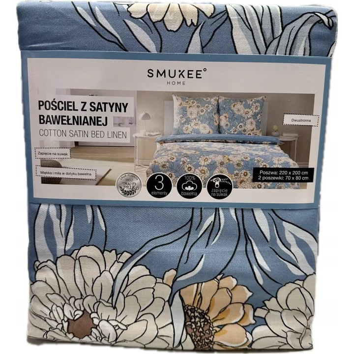 Ágyneműhuzat, 220x200 cm, virágok kék alapon, 2 párnahuzat 70x80 cm, 100% pamut