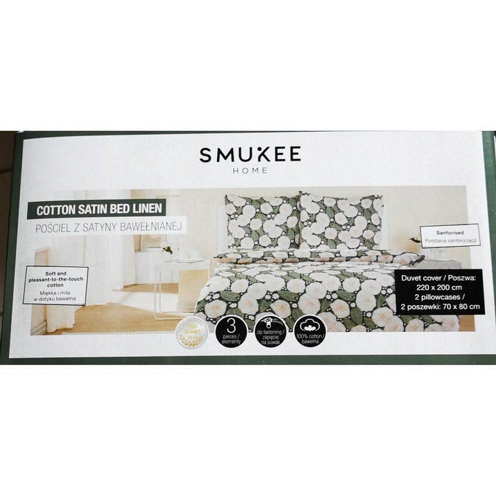 Ágyneműhuzat, 220x200cm, 2 párnahuzat 70x80cm, szatén pamut, zöld