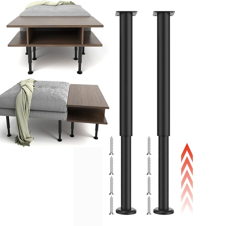 Set 2 picioare reglabile pentru mobila, Bedee, Din fier, Design anti-alunecare, Baza din cauciuc, Cu suruburi de fixare, Inaltime reglabila 72-110cm, Suporta 450kg, Pentru pat, Dulap, Masa, Negru