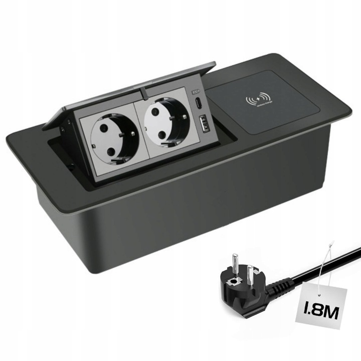 Priza electric retractabil JACEPFY, 2 prize AC + 1 USB A + 1 PD20W USB-C, incarcare rapida 15W, negru, 1,5m