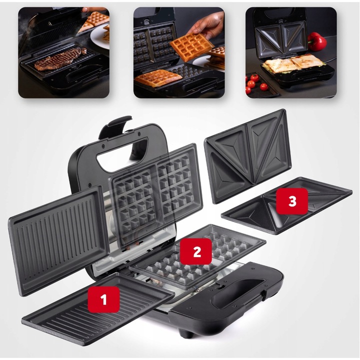 Opiekacz sandwich Lehmann Toast 1200, 3 in 1, placi interschimbabile, negru, 23x9,5x23cm