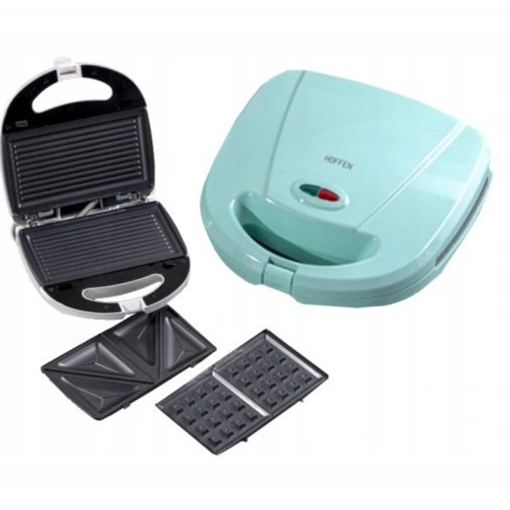 Sandwich-maker, 3in1 Hoffen, 750W, verde menta, cu placi interschimbabile pentru sandvisuri, gratar si gofre