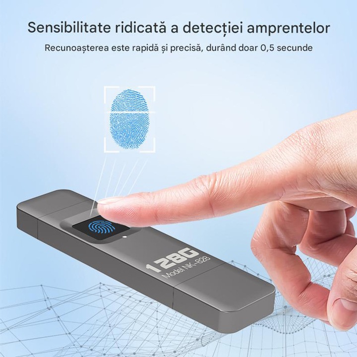 VeniSymlis® Pen drive cu 128 GB, criptare prin scanare de amprenta, protectie dubla prin parola, compatibil cu multiple sisteme, universal pentru telefon, computer si tableta, usor de transport
