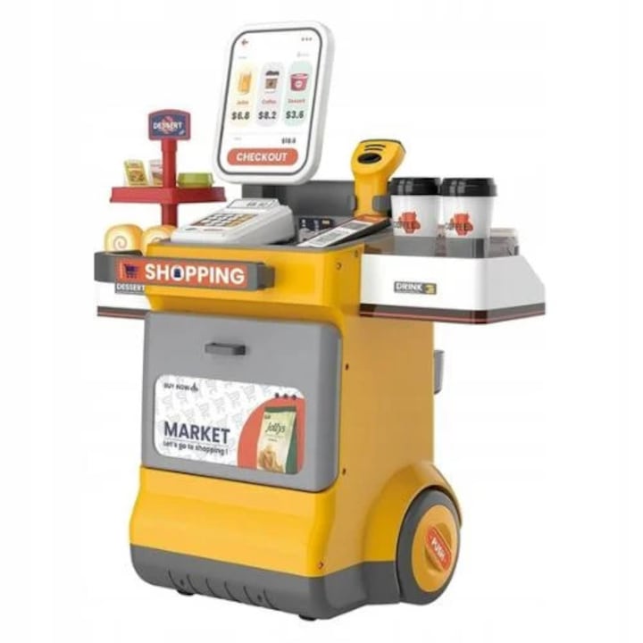 Set joc de rol magazin copii, Creative World Toys, lada pe roti, scaner cu sunet, galben, 48x29.5x58cm