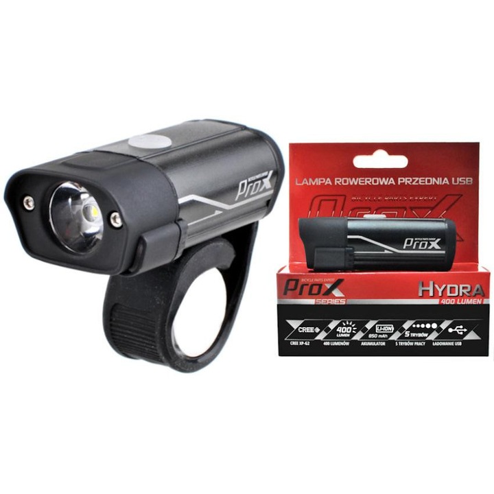ProX HYDRA 400lm fejlámpa, USB, fekete, méretek 74x37x26mm, szett USB kábellel