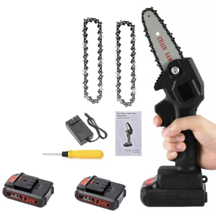 Mini drujba 4", cu 2 acumulatori reincarcabili 24V, portabila, taiere lemn, compacta