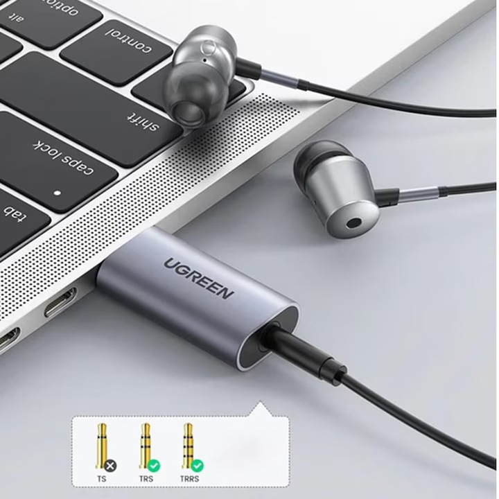 Adaptor audio USB-A la jack 3.5mm, stereo, Plug & Play, microfon si casti, Ugreen, gri