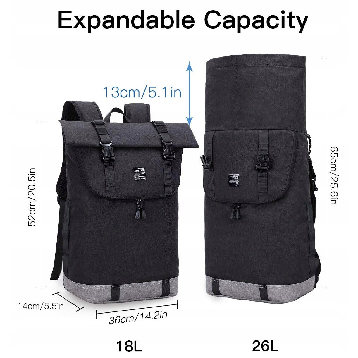 Rucsac laptop Evervanz, 15", 18-25 litri, negru, 36x14x52cm
