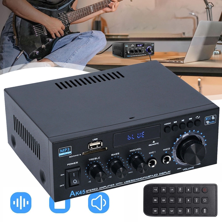 Bluetooth 5.0 erősítő 40Wx2, AK-45 HiFi sztereó audio erősítő 2 csatornás, mini teljesítményerősítő, USB/SD kártya/FM/2 mikrofon audio bemenet, otthoni mozi rendszerhez Karaoke rádió