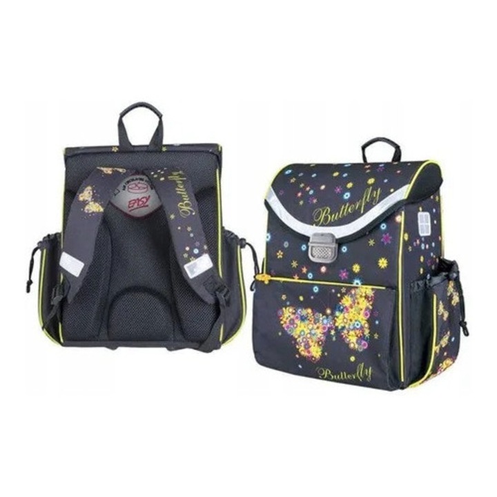 Többszínű iskolatáska, Motyl modell, mérete 36x28x17cm, állítható pántokkal és fényvisszaverő elemekkel.
