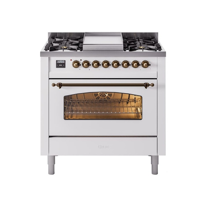 Aragaz pe gaz premium ILVE, Nostalgie, 90 cm, clasa A+, 4 arzatoare, plita Fry Top, cuptor electric 97 litri, design vintage, timer, usa cuptor cu 3 straturi de sticla, gatire ECO, dezghetare, 15 functii de gatire multiple, iluminare, alb/bronz